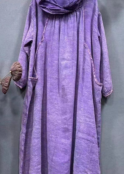 Purple Hooded Pockets Linen Long Dress Spring