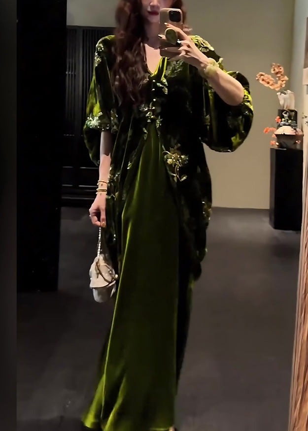 Green V Neck Silk Velvet Coats and Maxi Dress Two Pieces Set Lantern Sleeve