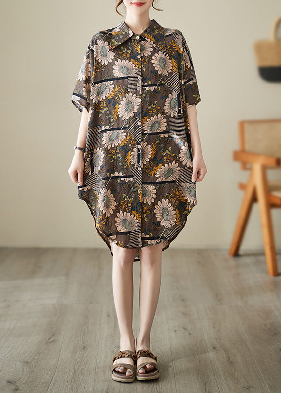 French Chocolate Peter Pan Collar Print Cotton Shirt Dresses Summer