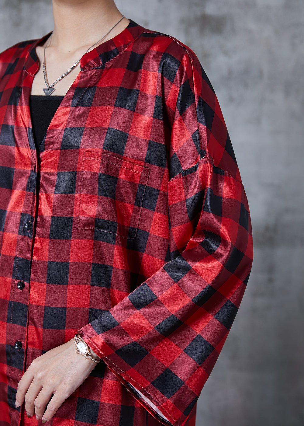Red Oversized Plaid Shirt Dresses Fall
