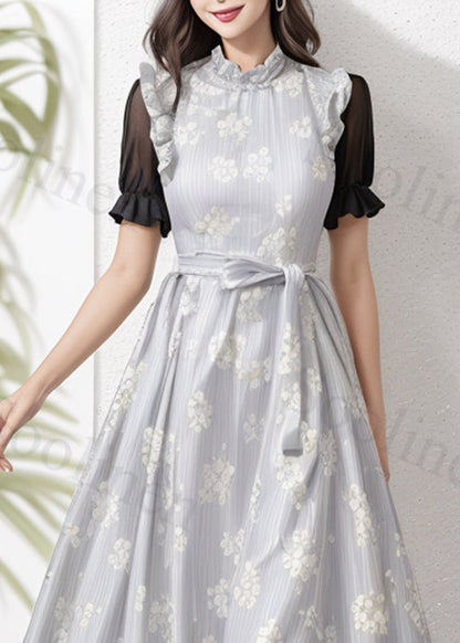 Art Grey Ruffled Tie Waist Silk Long Dresses Summer