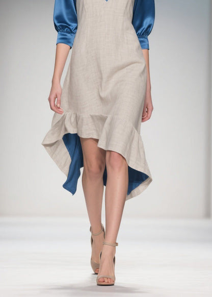 Colorblock Ruffled Patchwork Linen Silk Dress Summer