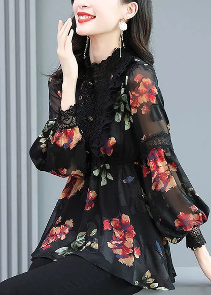 Black Stand Collar Patchwork Print Chiffon Shirt Top Spring