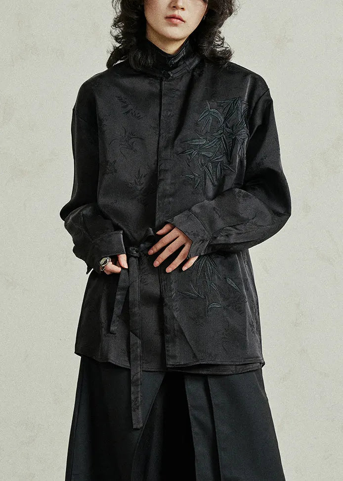 Black Shirt Embroidered Tie Waist Fall