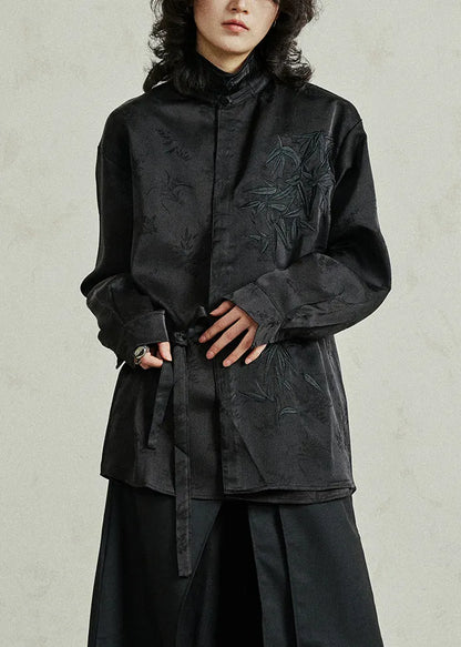 Black Shirt Embroidered Tie Waist Fall