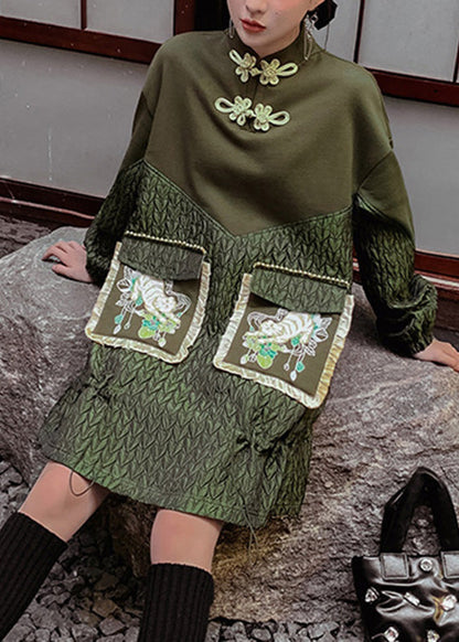 Novelty Green Stand Collar Embroideried Drawstring Patchwork Button Mid Dress Spring