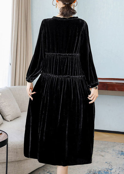 Black Patchwork Wrinkled Velour Dresses Spring