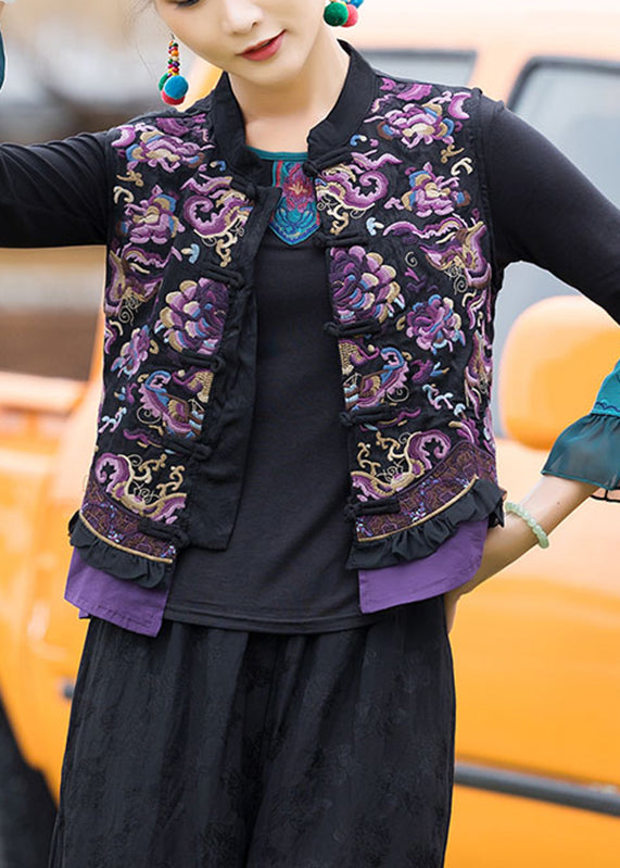 Black Stand Collar Embroideried Linen Waistcoat Fall
