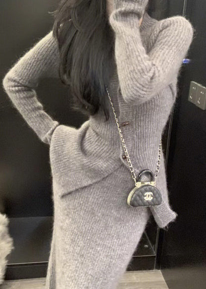 Slim Fit Grey V Neck Patchwork Knit Two Piece Set Clothing Fall