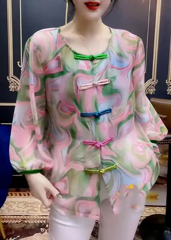 O-neck Print Button Chiffon Shirt Long Sleeve
