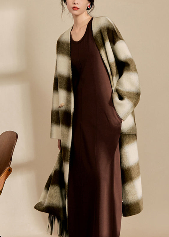 V Neck Pockets Plaid Woolen Maxi Coats Fall