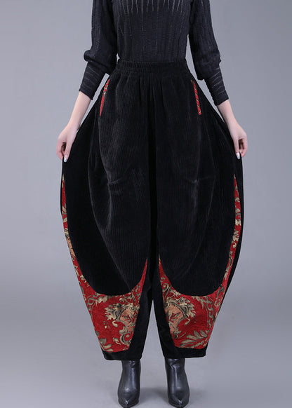 Black Pockets Embroideried Corduroy Lantern Pants Fall