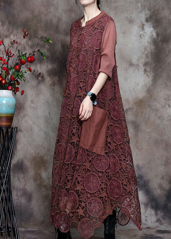 Modern Chocolate Button Embroideried Asymmetrical Design Fall Vacation Dresses Long Sleeve