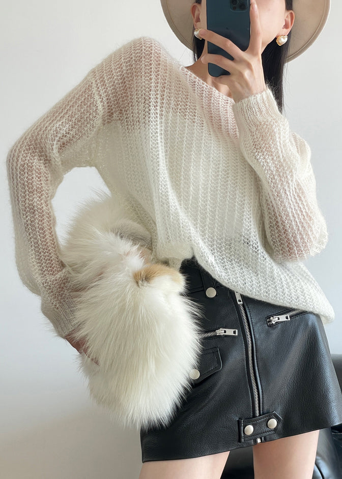 White Cozy Knit Sweater Hollow Out Winter