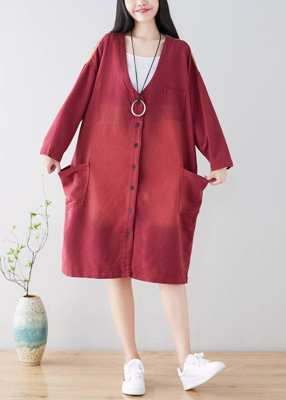 French Red Pockets Coat Spring