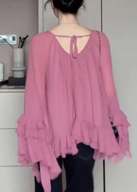 Organic Pink O-neck Tie Lace Chiffon Shirts Flare Sleeve