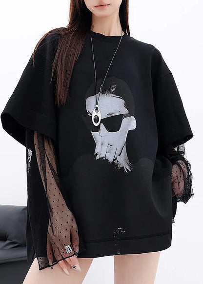 White O Neck Lace Patchwork Cotton T Shirts Fall