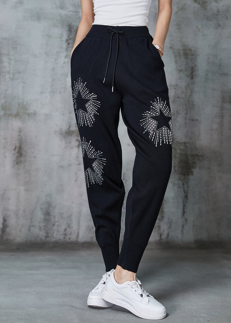 Diy Black Elastic Waist Zircon Cotton Harem Pants Spring