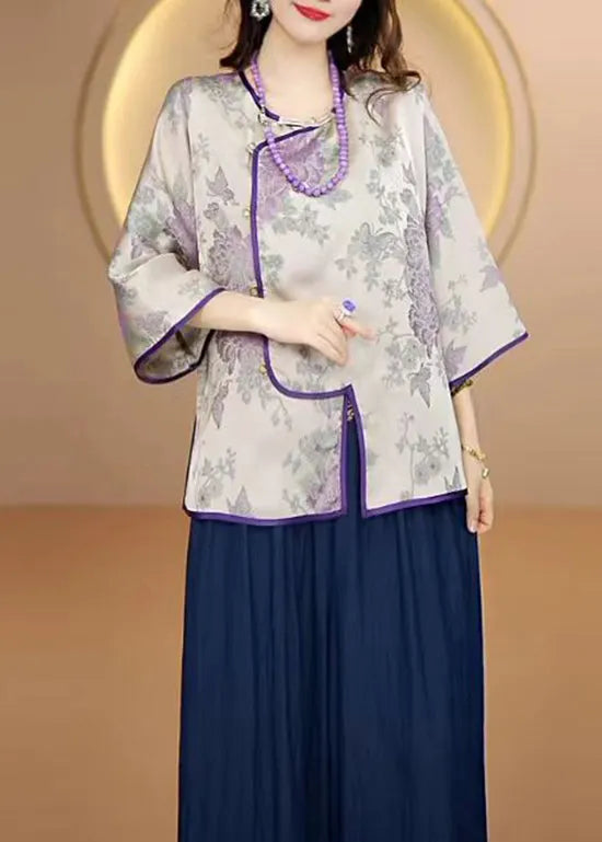 Purple O-neck Jacquard Button Silk Top Fall