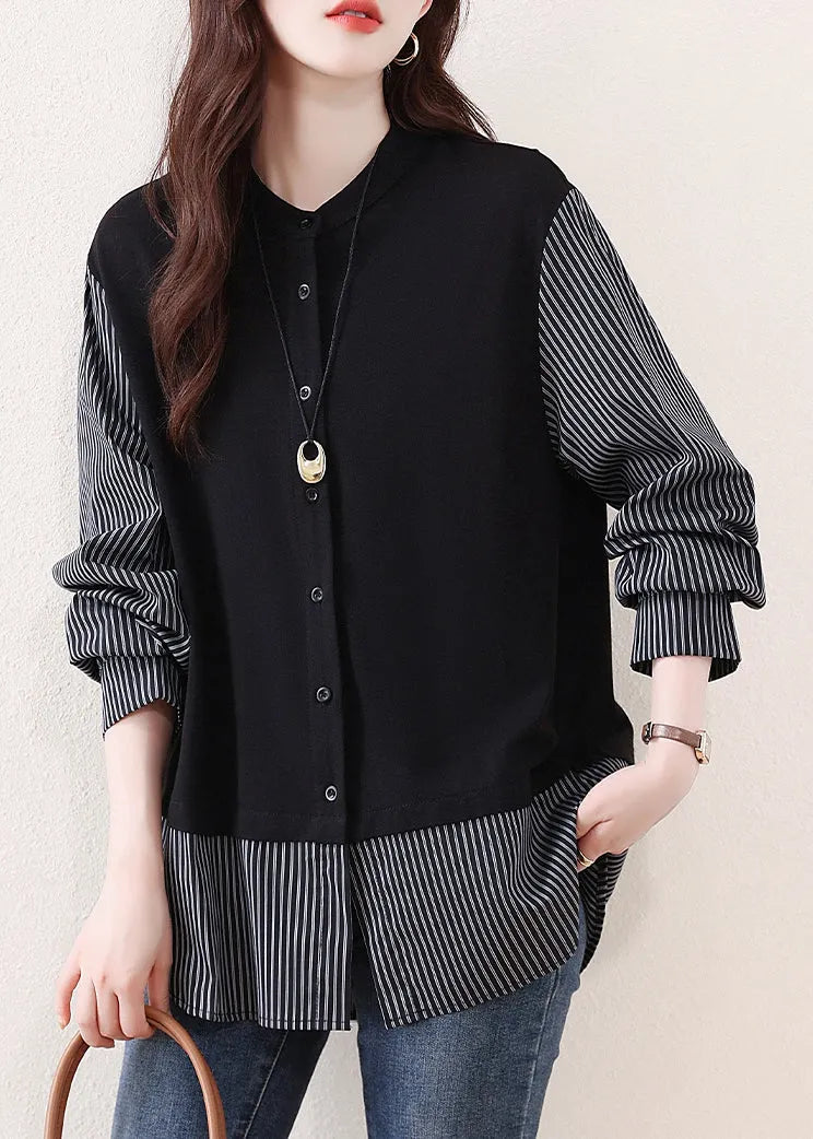 Diy Black Striped Patchwork Cotton Fake Two Piece Tops Fall