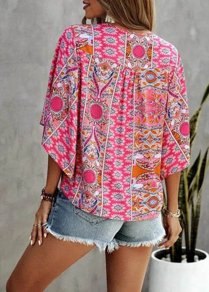 Pink V Neck Print Loose Tank Tops Short Sleeve