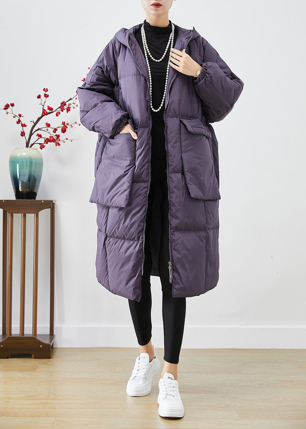 Style Purple Oversized Big Pockets Warm Duck Down Jacket in Winter
