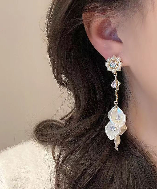 Gold Alloy Zircon Pearl Tassel Drop Earrings
