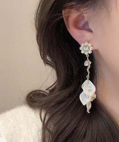 Gold Alloy Zircon Pearl Tassel Drop Earrings