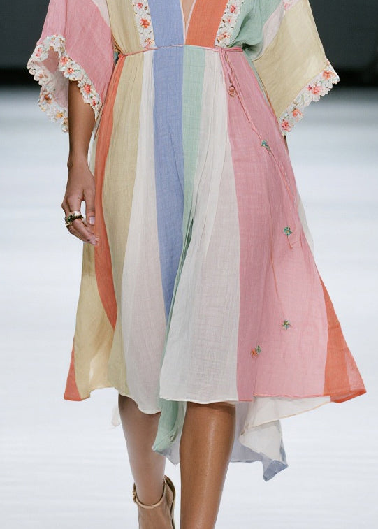 Colorblock V Neck Cotton Dress Summer