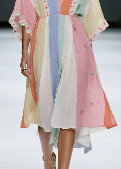 Colorblock V Neck Cotton Dress Summer