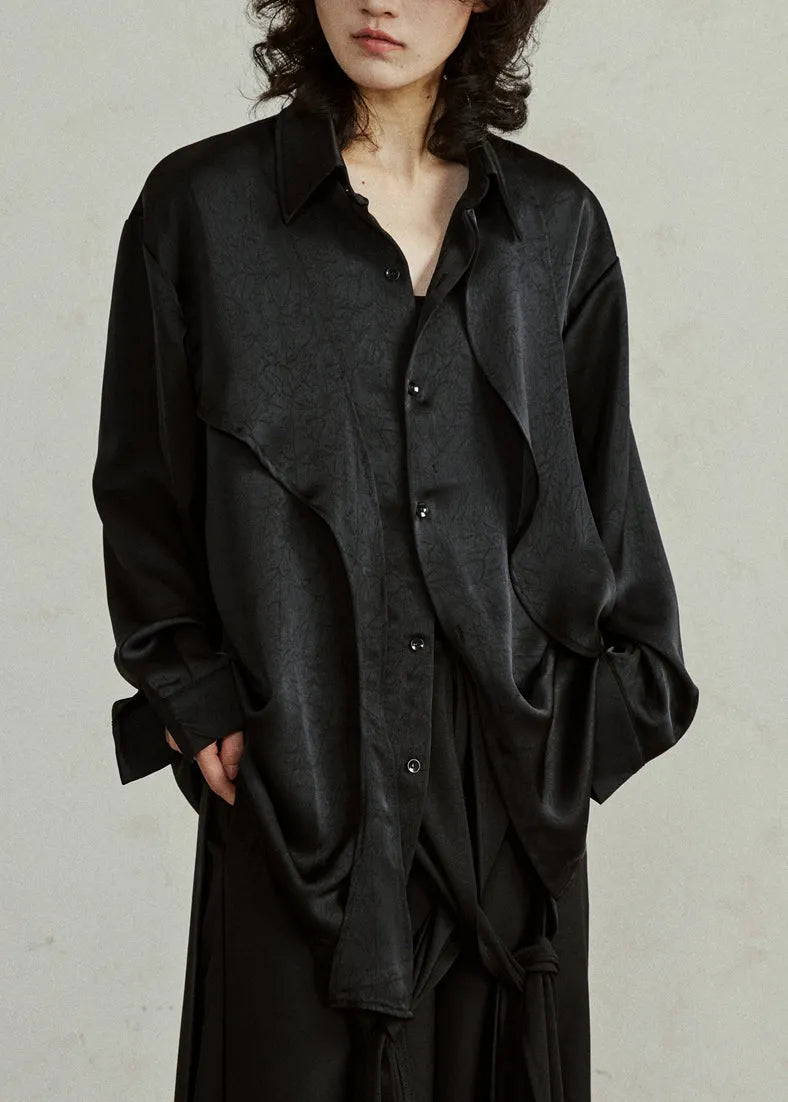 Black Asymmetrical Button Top Lantern Sleeve