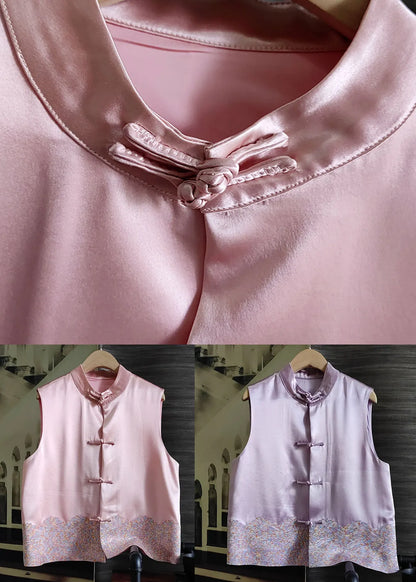 Purple Patchwork Embroideried Silk Tops Sleeveless