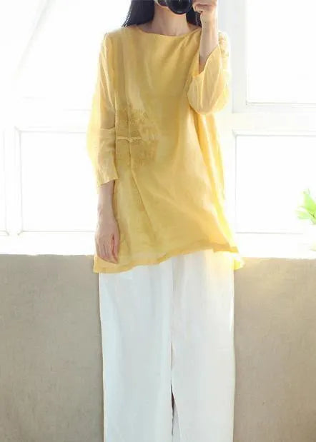 Organic Yellow Embroidery Tunic O Neck Sleeveless Art Shirts
