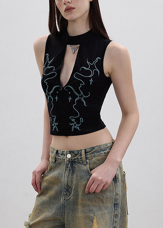 Black Hollow Out Embroidered Cotton Tank Sleeveless