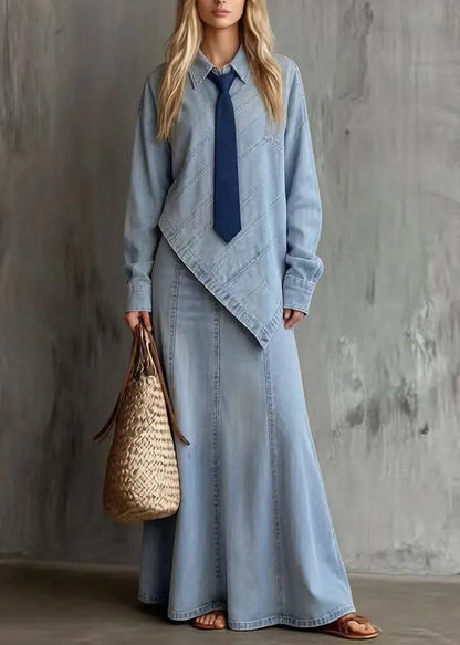 French Blue Asymmetrical Denim Two Piece Set Outfits Spring
