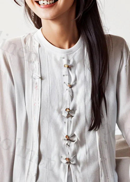 New White O-neck Button Cotton Blouses Long Sleeve