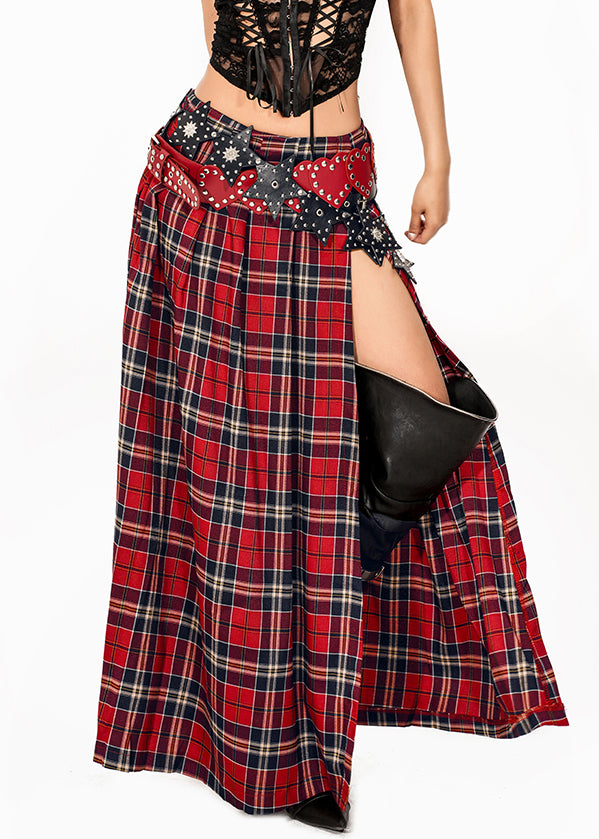 Red Asymmetrical Red Plaid Side Open a Line Skirt Summer