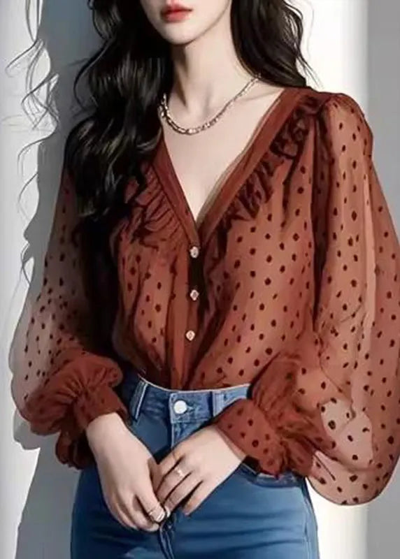 Stylish Green V Neck Dot Chiffon Top Lantern Sleeve