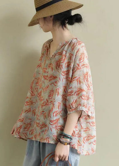 V Neck Print Loose Fall Shirt Half Sleeve