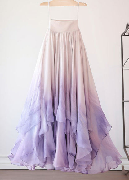 Purple Gradient Color High Waist Chiffon Skirts Summer