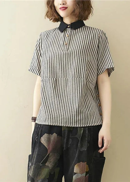 French Black Striped Turn-down Collar Linen Summer Top