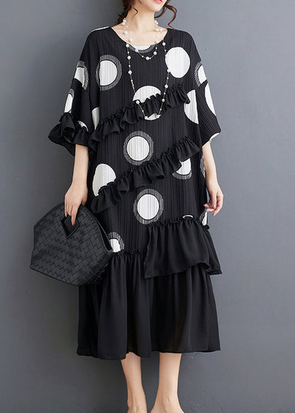 Black O Neck Ruffled Patchwork Chiffon Dress Summer