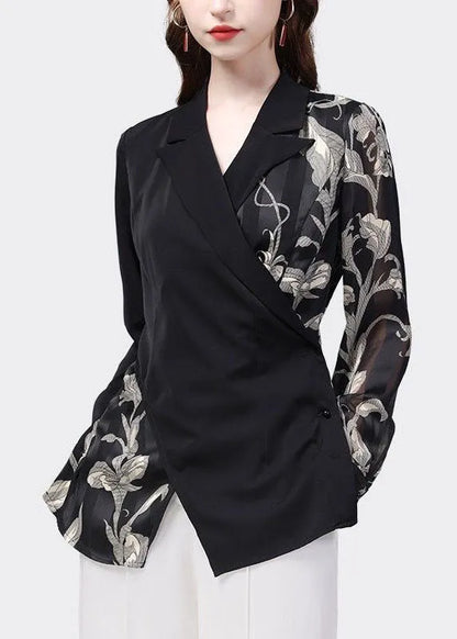 Black Peter Pan Collar Patchwork Print Chiffon Shirt Top Spring