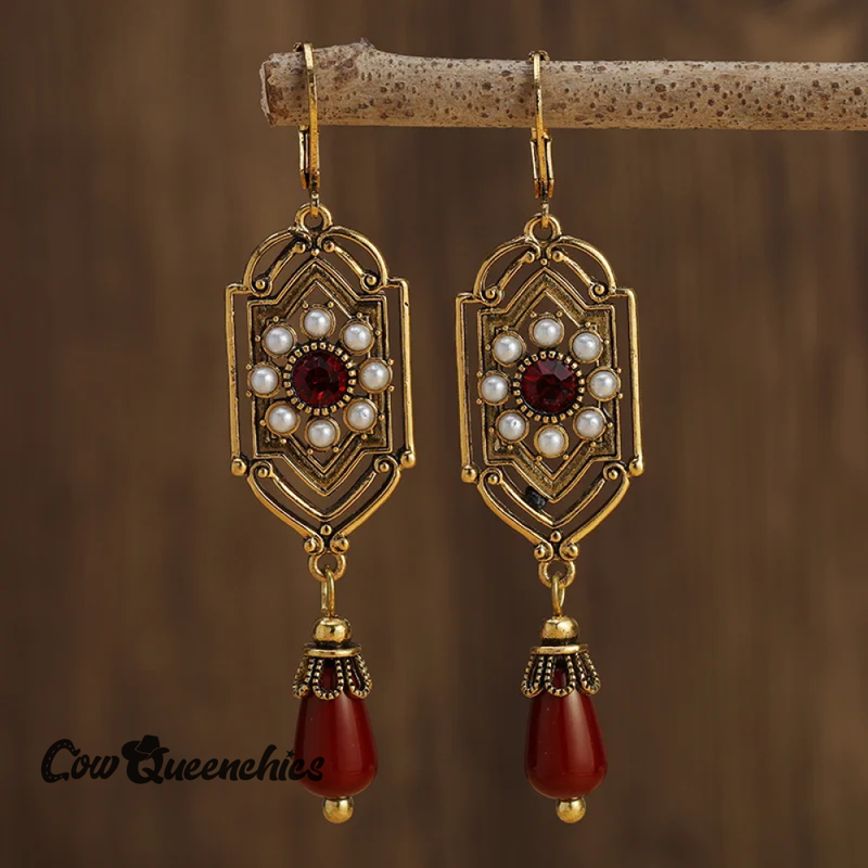 Red Crystal Pearl Gold Earrings