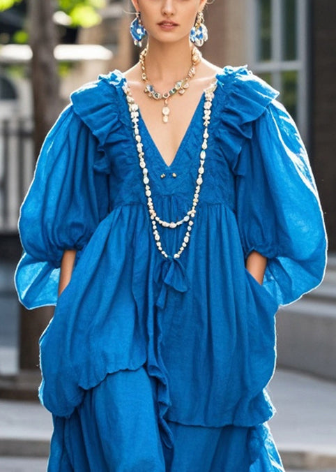 Blue Oversized Ruffles Cotton Long Dress Fall