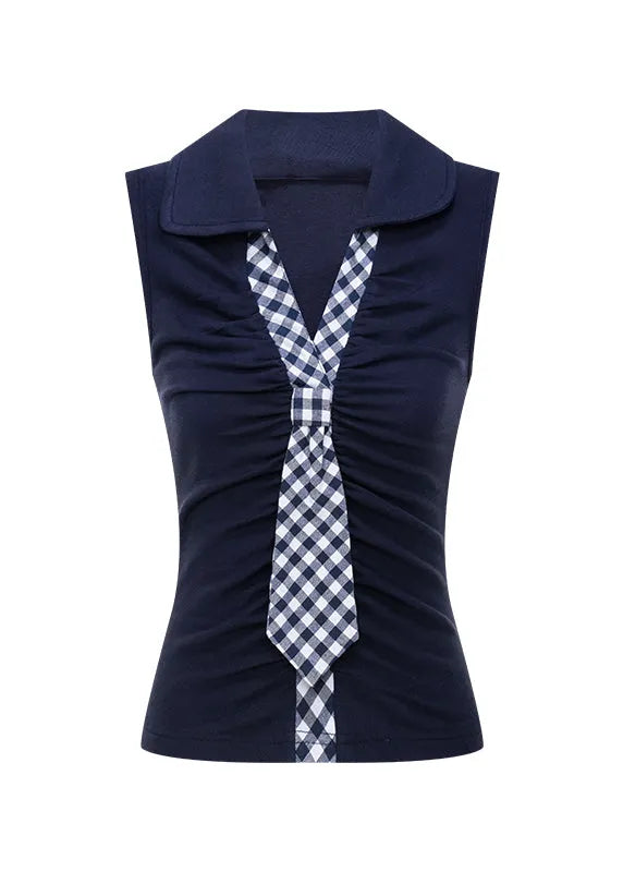 Navy V Neck Patchwork Cotton T Shirt Tops Sleeveless