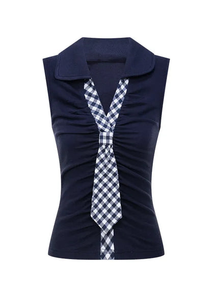 Navy V Neck Patchwork Cotton T Shirt Tops Sleeveless