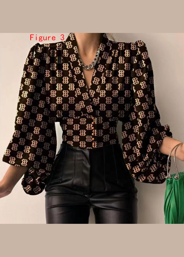New European and American Spring V-neck Lantern Sleeve Shirt Top