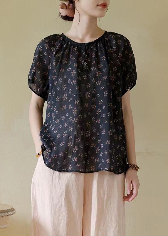 Italian Navy O-neck Button Print Linen T Shirt Summer