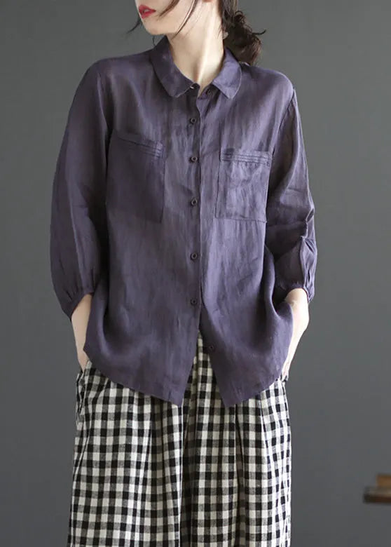 Loose Purple Peter Pan Collar Patchwork Button Ramie Shirt Long Sleeve